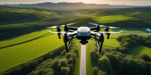 Dron para cine volando por una pradera verde